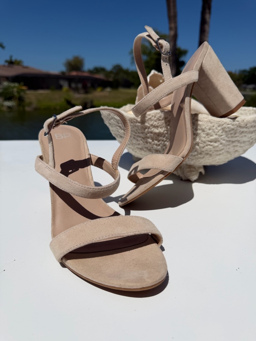 bp Neutral Suede Tan Block Heel Sandals